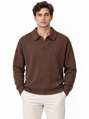 Dynamic Ribbed Knit Open-Collar Polo Sweater