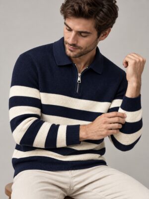 Dynamic Striped Textured Quarter-Zip Polo Sweater