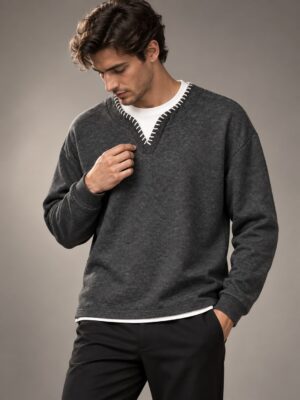 Dynamic Whipstitch V-Neck Layered Sweatshirt